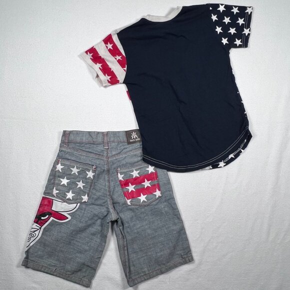 Red Ape Youth Size 8 Small Shorts and Shirt Set Bull Logo Red White Blue - Picture 8 of 9